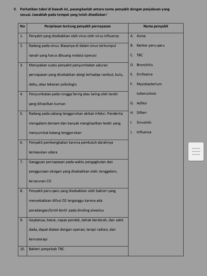 Perhatikan tabel di bawah ini, pasangkanlah antara nama penyakit dengan penjelasan yang 
akan!