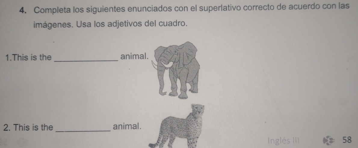 Completa los siguientes enunciados con el superlativo correcto de acuerdo con las 
imágenes. Usa los adjetivos del cuadro. 
1.This is the _animal. 
2. This is the _animal. 
Inglés 58