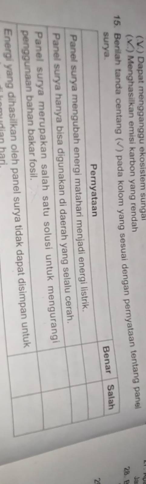 (V.) Dapat mengganggu ekosistem sungäi 
(Y.) Menghasilkan emisi karbon yang rendah 
Ja 
28. B 
tanda centang ( (√) pada kolom yang sesuai dengan pernyataan tentang pane 
2