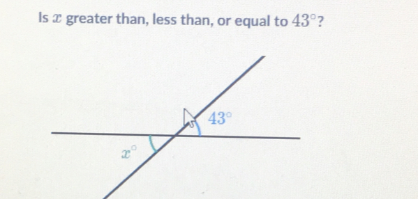 Is x greater than, less than, or equal to 43° ?