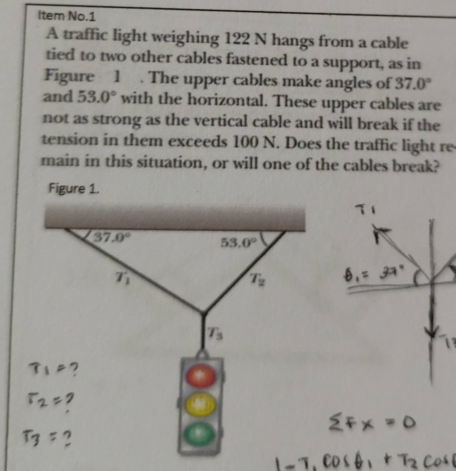 Item No.1
A traffic light weighing 122 N hangs from a cable
tied to two other cables fastened to a support, as in
Figure 1 . The upper cables make angles of 37.0°
and 53.0° with the horizontal. These upper cables are
not as strong as the vertical cable and will break if the
tension in them exceeds 100 N. Does the traffic light re
main in this situation, or will one of the cables break?
Figure 1.