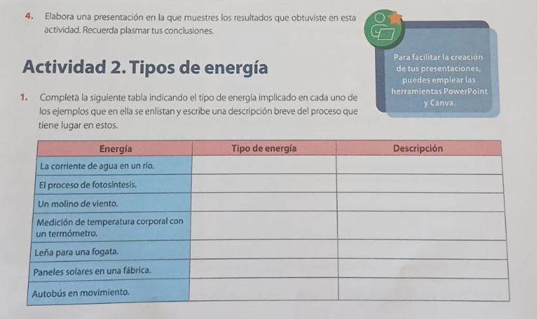 Elabora una presentación en la que muestres los resultados que obtuviste en esta 
actividad. Recuerda plasmar tus conclusiones. 
Para facilitar la creación 
Actividad 2. Tipos de energía de tus presentaciones, 
puedes emplear las 
1. Completà la siguiente tabla indicando el tipo de energía implicado en cada uno de herramientas PowerPoint y Canva. 
los ejemplos que en ella se enlistan y escribe una descripción breve del proceso que 
tiene lugar en estos.