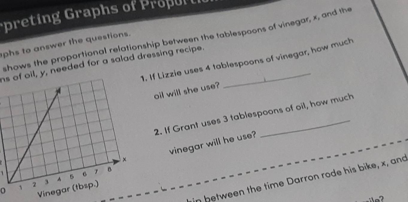 preting Graphs of Pro or 
shows the proportional relationship between the tablespoons of vinegar, x, and the 
phs to answer the questions. 
. If Lizzie uses 4 tablespoons of vinegar, how much 
hs of oil, y, needed for a salad dressing recipe._ 
oil will she use? 
2. If Grant uses 3 tablespoons of oil, how much 
vinegar will he use? 
1 
in between the time Darron rode his bike, x, and