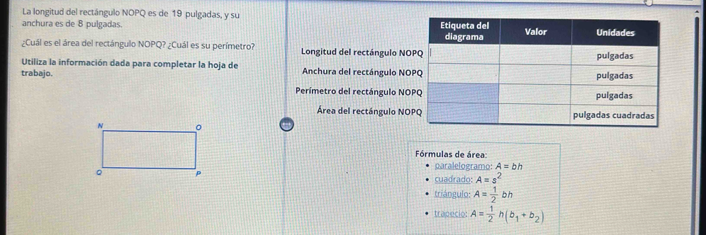 La longitud del rectángulo NOPQ es de 19 pulgadas, y su 
anchura es de 8 pulgadas. 
¿Cuál es el área del rectángulo NOPQ? ¿Cuál es su perímetro? Longitud del rectángulo NO 
Utiliza la información dada para completar la hoja de 
trabajo. Anchura del rectángulo NO 
Perímetro del rectángulo NO 
Área del rectángulo NO 
N 
0 
Fórmulas de área: 
paralelogramo: A=bh
P 
Q cuadrado: A=s^2
triángulo: A= 1/2 bh
trapecio: A= 1/2 h(b_1+b_2)