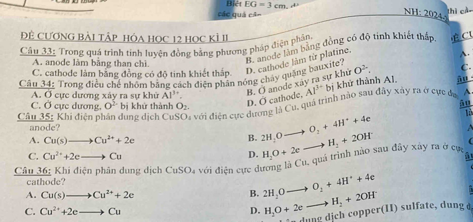 Biêt EG=3cm
các quả cân thì cả-
NH: 2024
ĐÊ CươNG BẢI Tập HóA HOC 12 HOC KÌ II
Câu 33: Trong quá trình tinh luyện đồng bằng phương pháp điện phân,
A.
A. anode làm bằng than chì.
B. anode làm bằng đồng có độ tinh khiết thấp. Cl
C. cathode làm bằng đồng có độ tinh khiết thấp. D. cathode làm từ platine.
Câu 34: Trong điều chế nhôm bằng cách điện phân nóng chảy quặng bauxite? O^(2-). C.
Al^(3+) bị khử thành Al.
D. Ở cathode, B. Ở anode xay ra sự khử
A. Ở cực dương xảy ra sự khử Al^(3+).
C. Ở cực dương, O^(2-) bị khử thành O_2. frac hat au1dot a
Câu 35: Khi điện pí dung dịch Cu  với điện cực dương là Cu, quá trình nào sau đây xảy ra ở cực dự
A
anode? a
A. Cu(s)to Cu^(2+)+2e
B. 2H_2Oto O_2+4H^++4e
C. Cu^(2+)+2eto Cu D. H_2O+2eto H_2+2OH^-
(
Câu 36: Khi điện phân dung dịch CuSO_4 vớới điện cực dương là Cu, quá trình nào sau đây xảy ra ở cực
  
cathode?
A. Cu(s)to Cu^(2+)+2e B. 2H_2Oto O_2+4H^++4e
C. Cu^(2+)+2eto Cu D. H_2O+2eto H_2+2OH^-
dung dịch copper(II) sulfate, dung à