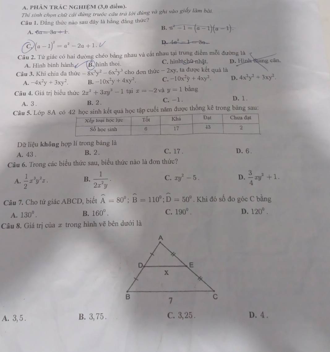 PHÀN TRÁC NGHIỆM (3,0 điểm).
Thí sinh chọn chữ cái đứng trước câu trả lời đúng và ghi vào giấy làm bài,
Cầu 1. Đẳng thức nào sau đây là hằng đẳng thức?
A. 5a=3a+1.
B. a^2-1=(a-1)(a-1).
C (a-1)^2=a^2-2a+1.
D. 4a^2-1=3a-
Câu 2. Tứ giác có hai đường chéo bằng nhau và cắt nhau tại trung điểm mỗi đường là
A. Hình bình hành, B. hình thoi. C. hình chữ nhật. D. Hình thang cân.
Câu 3. Khi chia đa thức -8x^3y^2-6x^2y^3 cho đơn thức - 2xy, ta được kết quả là
A. -4x^2y+3xy^2. B. -10x^2y+4xy^2. C. -10x^2y+4xy^2. D. 4x^2y^2+3xy^2.
Câu 4. Giá trị biểu thức 2x^2+3xy^3-1 tại x=-2 và y=1 bàng
A. 3 . B. 2 . C. -1. D. 1 .
Câu 5. Lớp 8A ết quả học tập cuối năm được thống kê trong bảng sau:
Dữ liệu không hợp lí trong bảng là
C. 17 .
A. 43 . B. 2 . D. 6 .
Câu 6. Trong các biểu thức sau, biểu thức nào là đơn thức?
A.  1/2 x^3y^2z.  1/2x^2y .
B.
C. xy^2-5. D.  3/4 xy^2+1.
Câu 7. Cho tứ giác ABCD, biết widehat A=80°;widehat B=110°;widehat D=50°. Khi đó số đo góc C bằng
A. 130°.
B. 160^0. C. 190^0. D. 120^0.
Câu 8. Giá trị của x trong hình vẽ bên dưới là
A. 3, 5 . B. 3, 75 . C. 3, 25 . D. 4 .