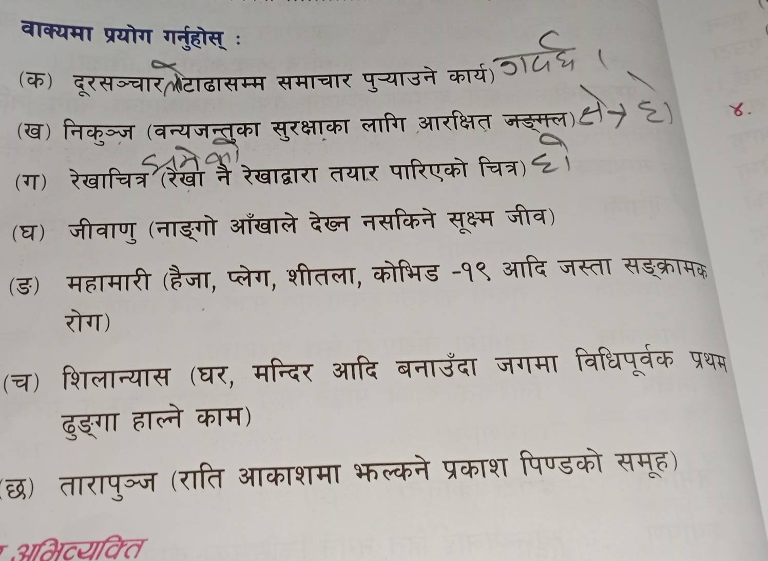 ख 
(ग) 
(घ)जी 
(ड) महामा 
रोग) 
(च) शिलान्यास (घर, मति॰ 
दुङ्गा हाल्ने काम) 
छ) तारापुञ्ज (राति आकाशमा भा 
अभिवयक्ति