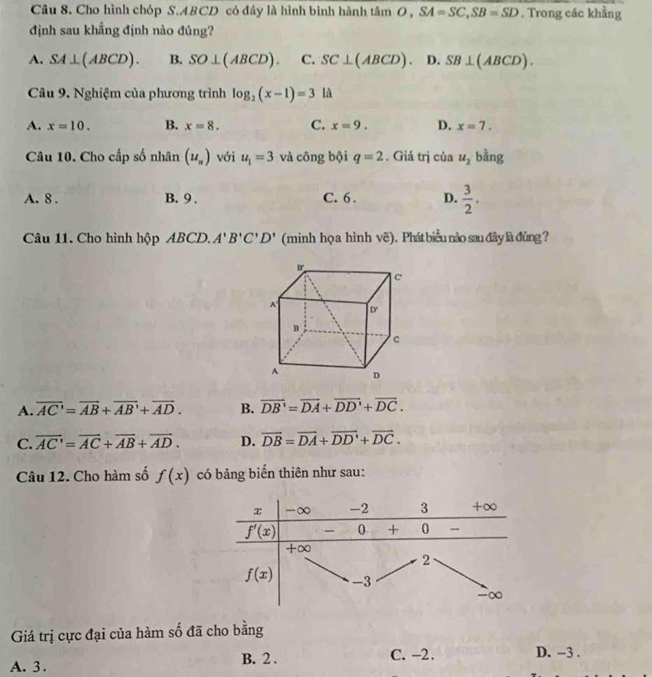 Cho hình chóp S.ABCD có đây là hình bình hành tâm O , SA=SC,SB=SD. Trong các khẳng
định sau khẳng định nào đúng?
A. SA⊥ (ABCD). B. SO⊥ (ABCD). C. SC⊥ (ABCD) D. SB⊥ (ABCD).
Câu 9. Nghiệm của phương trình log _2(x-1)=3 là
A. x=10. B. x=8. C. x=9. D. x=7.
Câu 10. Cho cấp số nhân (u_n) với u_1=3 và công bội q=2. Giá trị của u_2 bhat ang
A. 8 . B. 9 . C. 6 . D.  3/2 .
Câu 11. Cho hình hộp ABCD. A'B'C'D' (minh họ a hình vẽ). Phát biểu nào sau đây là đúng ?
A. overline AC'=overline AB+overline AB'+overline AD. B. vector DB'=vector DA+vector DD'+vector DC.
C. vector AC'=vector AC+vector AB+vector AD. D. vector DB=vector DA+vector DD'+vector DC.
Câu 12. Cho hàm số f(x) có bảng biến thiên như sau:
Giá trị cực đại của hàm số đã cho bằng
A. 3. B. 2 . C. -2.
D. -3 .