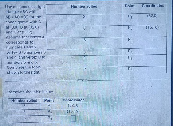 Use an isosceles ri
triangle ABC with
AB=AC=32 for th
chaos game, with 
at (0,0) , B at (32,0)
and C at (0,32).
Assume that verte
corresponds to
numbers 1 and 2,
vertex B to numbe
and 4, and vertex 
numbers 5 and 6.
Complete the tabl
shown to the right
Complete the table below.
