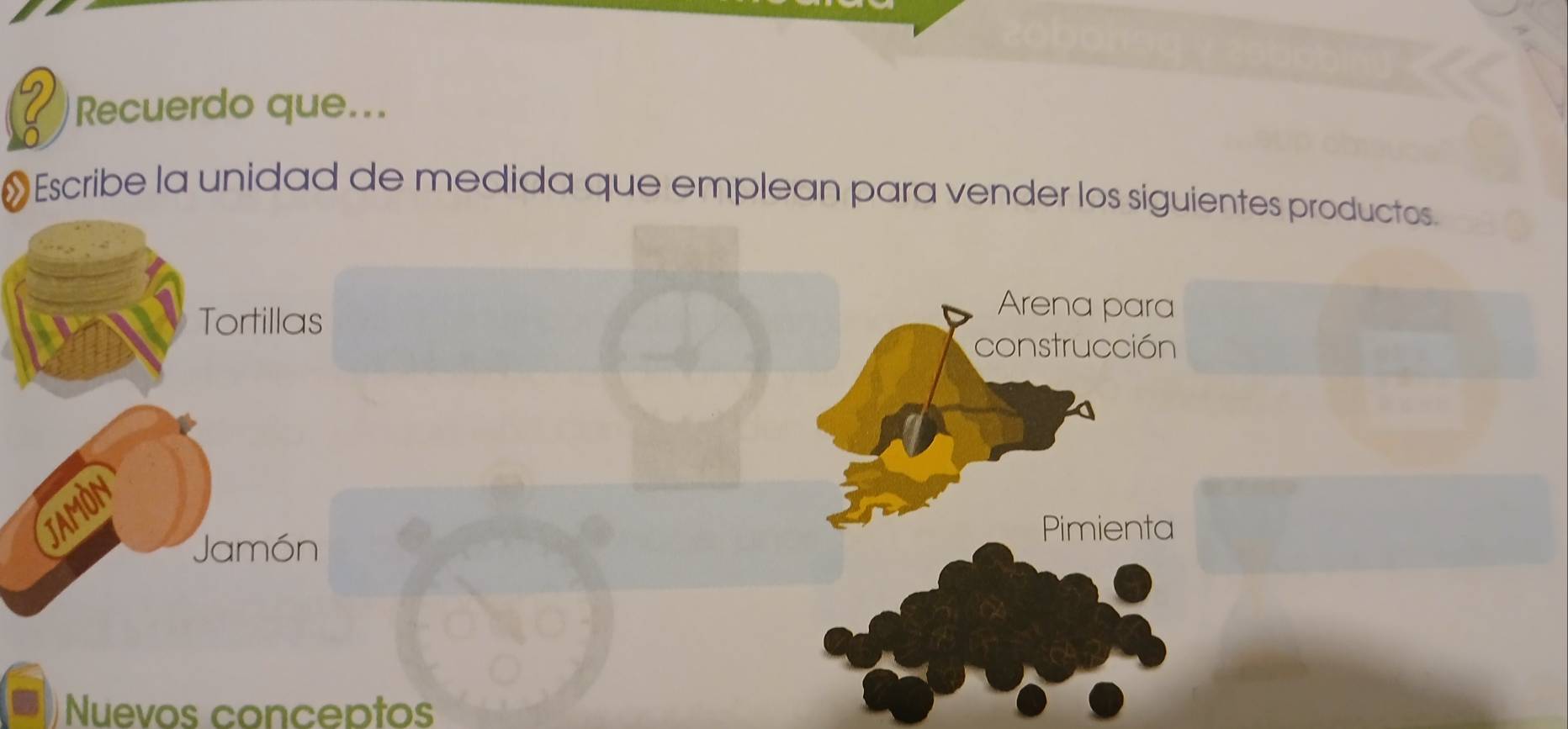 Recuerdo que... 
• Escribe la unidad de medida que emplean para vender los siguientes productos. 
Tortillas 
Arena para 
construcción 
JAMON 
Pimienta 
Jamón 
Nuevos conceptos