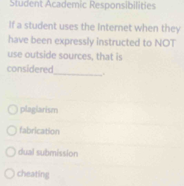 Student Academic Responsibilities
If a student uses the Internet when they
have been expressly instructed to NOT
use outside sources, that is
considered_ .
plagiarism
fabrication
dual submission
cheating