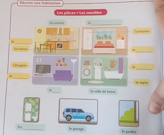 Décrire une habitation 
Les pièces • Les meubles 
la cuisine la_ 
l'armoire 
_ 
la 
_ 
la chaisele 
_ 
l'étagère 
le 
_ 
le 
le tapis 
le_ la salle de bains 
les_ le garage le jardin