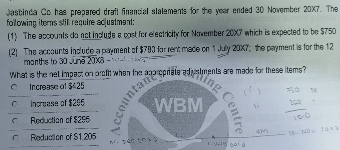 Jasbinda Co has prepared draft financial statements for the year ended 30 November 20X7. The
following items still require adjustment:
(1) The accounts do not include a cost for electricity for November 20X7 which is expected to be $750
(2) The accounts include a payment of $780 for rent made on 1 July 20X7; the payment is for the 12
months to 30 June 20X8
What is the net impact on profit when the appropriate adjustments are made for these items?
Increase of $425
Increase of $295 WBM
Reduction of $295
Reduction of $1,205
，I e C