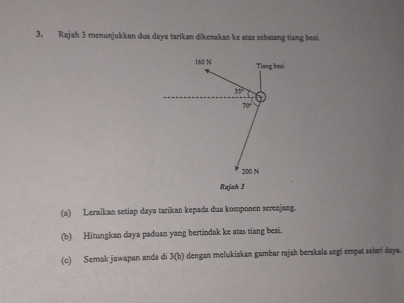 Rajah 3 menunjukkan dua daya tarikan dikenakan ke atas sebatang tiang besi.
Rajah 3
(a) Leraikan setiap daya tarikan kepada dua komponen serenjang.
(b) Hitungkan daya paduan yang bertindak ke atas tiang besi.
(c) Semak jawapan anda di 3(b) dengan melukiskan gambar rajah berskala segi empat selari daya.