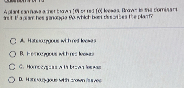 Qusstion 4 01 to
A plant can have either brown (5) or red (b) leaves. Brown is the dominant
trait. If a plant has genotype Bb, which best describes the plant?
A. Heterozygous with red leaves
B. Homozygous with red leaves
C. Homozygous with brown leaves
D. Heterozygous with brown leaves