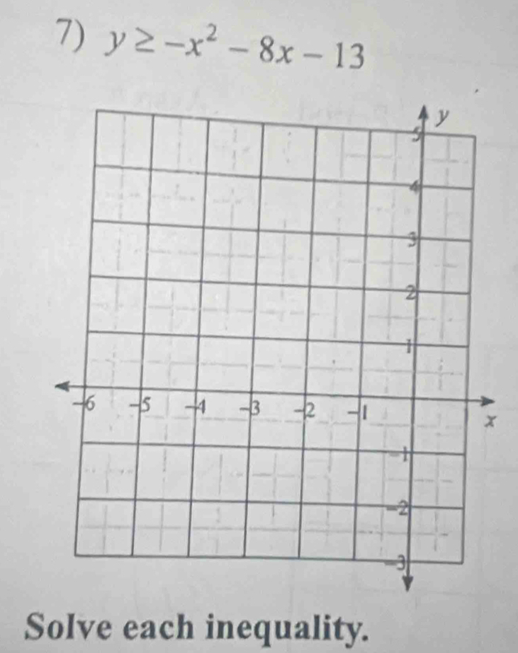 y≥ -x^2-8x-13
x
Solve each inequality.