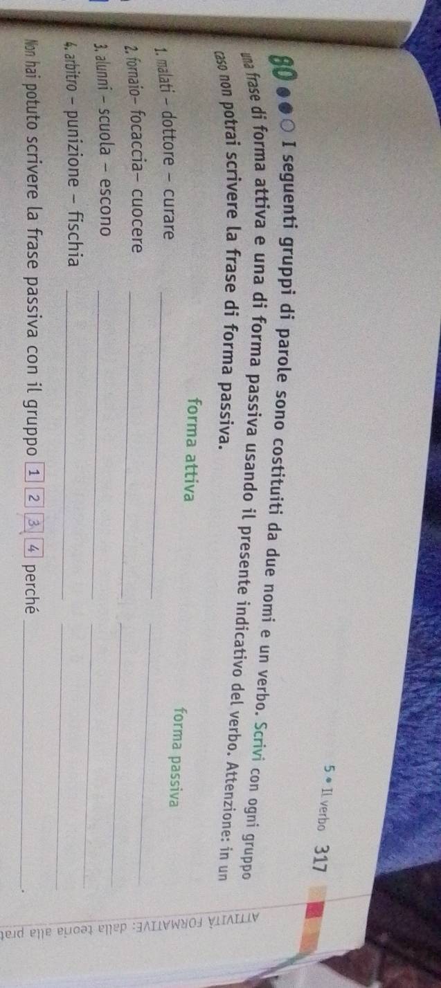 5· Il verbo 317
80 ●○ I seguenti gruppi di parole sono costituiti da due nomi e un verbo. Scrivi con ogni gruppo 
una frase di forma attiva e una di forma passiva usando il presente indicativo del verbo. Attenzione: in un 
caso non potrai scrivere la frase di forma passiva. 
forma attiva forma passiva 
1. malati - dottore - curare_ 
_ 
2, fornaio- focaccia- cuocere_ 
_ 
_ 
3, alunni - scuola - escono_ 
_ 
4. arbitro - punizione - fischia_ 
Non hai potuto scrivere la frase passiva con il gruppo 1 2 3 4 perché_ 
.