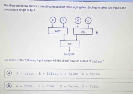 The diagram below shows a circuit composed of three logic gates. Each gate takes two inputs and
produces a single output.
For which of the following input values will the circuit have an output of €£a1se ?
a A=true, □  B=£a1se, C=fa1se, D=fa1se
_
_
A=true, B=true, C=talse, D=false
__