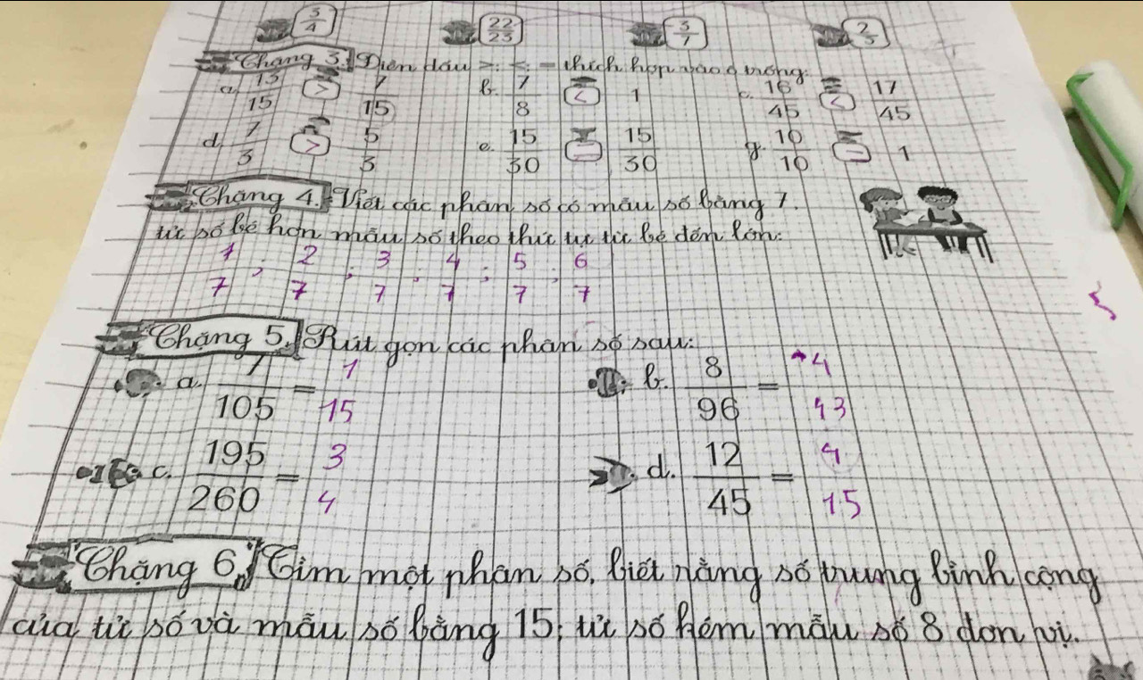  3/4 
( 22/25 )
 3/7 
2
Chang s. en daw >:
e 15 2  7/15  B.  7/8  (c 1
15
d  7/3   5/3   15/30   15/30   10/10  1
e.
Chang 4.Wat cac phan so to mow so bang?
tt so Be hen mon ho theo hut ue ti be don Ron.
beginarrayr 1 7endarray;;  2/7 ; 3/7 ;  4/7 ;  5/7 ;  6/7 
hang 5. lehut you cac phan se salu
a.  1/105 =beginarrayr 1 15endarray 2 8.  8/96 =beginvmatrix -4 43endvmatrix
orc. 195/260 = 3/4 
d  12/45 = 4/15 
Chang o Gim mot whan bo, Qict nòng so ywng Bink cong
auà tā sǒvà màu só bāng 15 zù só hém māu sǒ 8 don oi