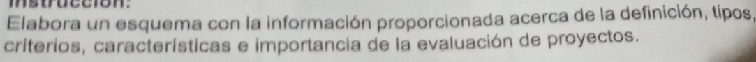 instruccion. 
Elabora un esquema con la información proporcionada acerca de la definición, tipos, 
criterios, características e importancia de la evaluación de proyectos.