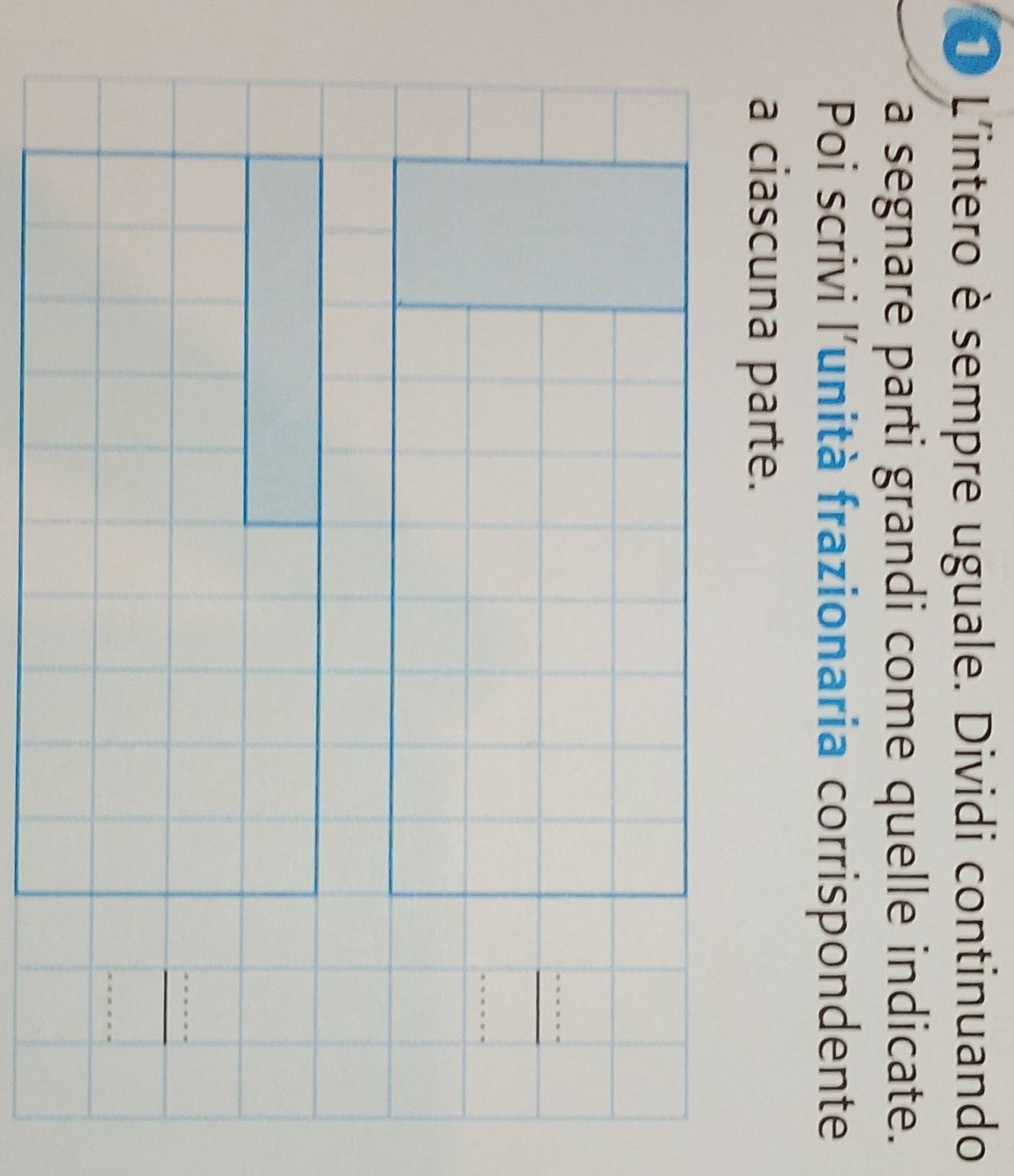 L'intero è sempre uguale. Dividi continuando 
a segnare parti grandi come quelle indicate. 
Poi scrivi l'unità frazionaria corrispondente 
a ciascuna parte.