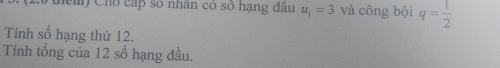 0them) Cho cấp số nhân có số hạng đầu u_1=3 và công bội q= 1/2 
Tính số hạng thứ 12. 
Tính tổng của 12 số hạng đầu.
