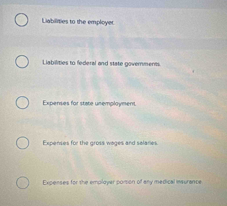 Liabilities to the employer. 
Liabilities to federal and state governments. 
Expenses for state unemployment. 
Expenses for the gross wages and salaries. 
Expenses for the employer portion of any medical insurance