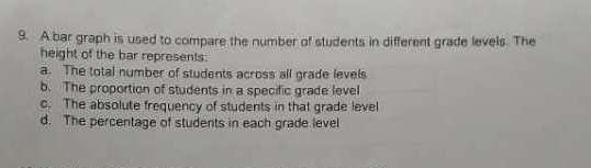 A bar graph is used to compare the number of students in different grade levels. The
height of the bar represents:
a. The total number of students across all grade levels
b. The proportion of students in a specific grade level
c. The absolute frequency of students in that grade level
d. The percentage of students in each grade level