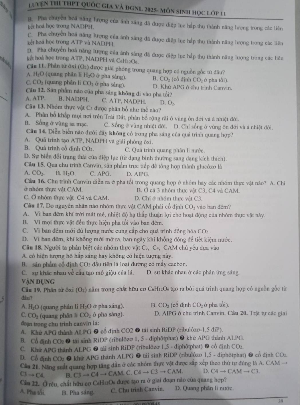 LuyệN ThI thPT Quốc GiA và đGNL 2025- MôN sinH học lớp 11
B. Pha chuyên hoá năng lượng của ảnh sáng đã được diệp lục hấp thụ thành năng lượng trong các liên
kết hoả học trong NADPH.
C. Pha chuyển hoá năng lượng của ánh sáng đã được diệp lục hấp thụ thành năng lượng trong các liên
kết hoá học trong ATP và NADPH.
D. Pha chuyển hoá năng lượng của ánh sáng đã được diệp lục hấp thụ thành năng lượng trong các liên
kết hoả học trong ATP, NADPH và C6H12O6.
his
Câu 11. Phân tử ôxi (O2) được giải phóng trong quang hợp có nguồn gốc từ đâu?
A. H_2O (quang phân li H_2O ở pha sáng). B. CO_2 (cố định CO_2 ở pha tối).
C. CO_2 (quang phân li CO_2 ở pha sáng). D. Khử APG ở chu trình Canvin.
Câu 12. Sản phẩm nào của pha sáng không đi vào pha tối?
A. ATP. B. NADPH. C. ATP 、 NADPH. D. O_2.
Câu 13. Nhóm thực vật C3 được phân bố như thế nào?
A. Phân bố khắp mọi nơi trên Trái Đất, phân bố rộng rãi ở vùng ôn đới và á nhiệt đới.
B. Sống ở vùng sa mạc. C. Sống ở vùng nhiệt đới. D. Chỉ sống ở vùng ôn đới và á nhiệt đới.
Câu 14. Diễn biến nào dưới đây không có trong pha sáng của quá trình quang hợp?
A. Quá trình tạo ATP, NADPH và giải phóng ôxi.
B. Quá trình cố định CO2. C. Quả trình quang phân li nước.
D. Sự biến đổi trạng thái của diệp lục (từ dạng bình thường sang dạng kích thích).
Câu 15. Qua chu trình Canvin, sản phầm trực tiếp đề tổng hợp thành glucôzơ là
A. CO_2. B. H_2O. C. APG D. AIPC
Câu 16. Chu trình Canvin diễn ra ở pha tối trong quang hợp ở nhóm hay các nhóm thực vật nào? A. Chi
ở nhóm thực vật CAM. B. Ở cả 3 nhóm thực vật C3, C4 và CAM.
C. Ở nhóm thực vật C4 và CAM. D. Chỉ ở nhóm thực vật C3.
Câu 17. Do nguyên nhân nào nhóm thực vật CAM phải cố định CO_2 vào ban đêm?
A. Vì ban đêm khí trời mát mẻ, nhiệt độ hạ thấp thuận lợi cho hoạt động của nhóm thực vật này.
B. Vì mọi thực vật đều thực hiện pha tối vào ban đêm.
C. Vì ban đêm mới đủ lượng nước cung cấp cho quá trình đồng hóa CO2.
D. Vì ban đêm, khí khổng mới mở ra, ban ngày khí khổng đóng đề tiết kiệm nước.
Câu 18. Người ta phân biệt các nhóm thực vật C3, C4, CAM chủ yểu dựa vào
A. có hiện tượng hô hấp sáng hay không có hiện tượng này.
B. sản phẩm cố định CO2 đầu tiên là loại đường có mấy cacbon.
C. sự khác nhau về cấu tạo mô giậu của lá. D. sự khác nhau ở các phản ứng sáng.
vận dụng
Câu 19. Phân tử ôxi (O2) nằm trong chất hữu cơ C₆H12O6 tạo ra bởi quá trình quang hợp có nguồn gốc từ
đâu?
A. H_2O (quang phân li H_2O ở pha sáng). B. CO_2 (cố định CO_2 ở pha tổi).
C. CO_2 (quang phân li CO_2 ở pha sáng). D. AIPG ở chu trình Canvin. Câu 20. Trật tự các giai
đoạn trong chu trinh canvin là:
A. Khử APG thành ALPG ❼ cố định CO2 ❼ tái sinh RiDP (ribulôzơ-1,5 điP).
B. Cổ định CO_2 ❼ tái sinh RiDP (ribulôzơ 1, 5 - điphôtphat) ❼ khử APG thành ALPG.
C. Khử APG 6 thành ALPG ❼ tái sinh RiDP (ribulôzơ 1,5 - điphôtphat) ❼ cố định CO₂.
D. Cổ định CO_2 ❼ khử APG thành ALPG ❼ tái sinh RiDP (ribulôzơ 1,5 - điphôtphat) ❼ cổ định CO₂.
Cầu 21. Năng suất quang hợp tăng dần ở các nhóm thực vật được sắp xếp theo thứ tự đúng là A. CAM
C3to C4. B. C3to C4to CAN 1. C. C4to C3to CAM. D. ( 4 → CAM → C 3.
Câu 22. Ở rêu, chất hữu cơ C₆H12O₆ được tạo ra ở giai đoạn nào của quang hợp?
A. Pha tối. B. Pha sáng. C. Chu trinh Canvin. D. Quang phân li nước.
39