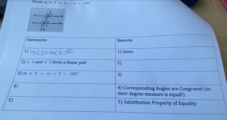 Prove: m<3+m<6=180°