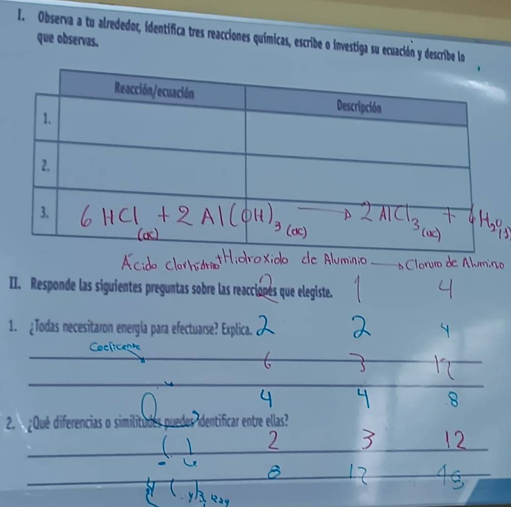 Observa a tu alrededor, identifica tres reacciones químicas, escribe o investiga su ecuación y describe lo 
que observas. 
o c luma_ 
II. Responde las siguientes preguntas sobre las reacciones que elegiste. 
1. ¿Todas necesitaron energía para efectuarse? Explica. 
Cocficente 
2. ¿Qué diferencias o similitudes puedes identificar entre ellas?