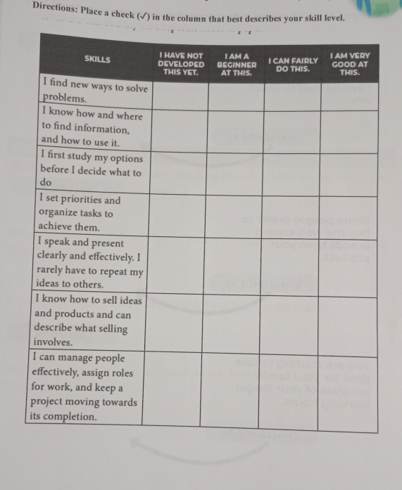 Directions: Place a check (√) in the column that best describes your skill level.