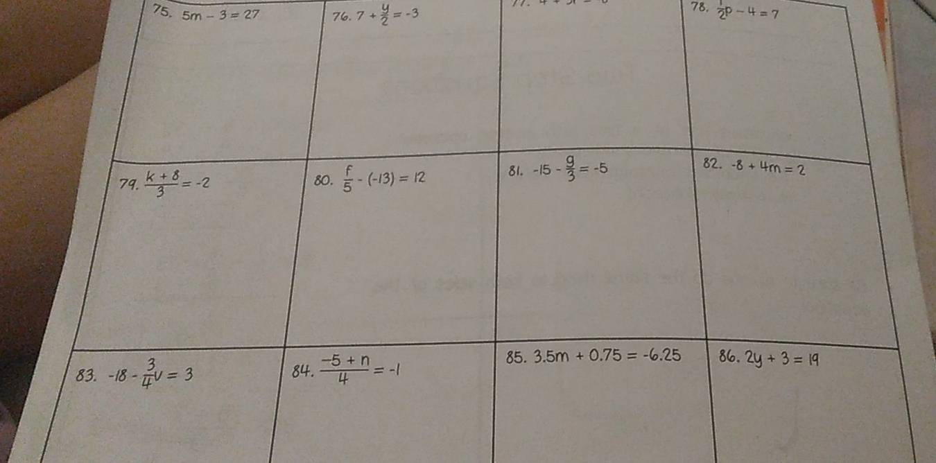 5m-3=27
76.7+ y/2 =-3
78.  1/2 p-4=7