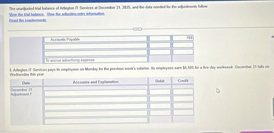 The unadjusted trial balance of Arlington IT Services at December 31, 2025, and the data needed for the adjustments follow 
View the trial balance. View the adjusting entry information. 
Read the requirements 
f. Arlington IT Services pays its employees on Monday for the previous week's salaries. Its employees earn $6,500 for a five-day workweek. December 31 falls on