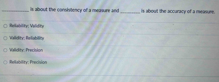 is about the consistency of a measure and _is about the accuracy of a measure.
Reliability; Validity
Validity; Reliability
Validity: Precision
Reliability; Precision