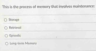 This is the process of memory that involves maintenance:
Storage
Retrieval
Episodic
Long-term Memory