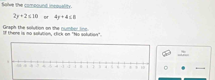 Solve the compound inequality.
2y+2≤ 10 or 4y+4≤ 8
Graph the solution on the number line. 
If there is no solution, click on "No solution". 
No 
salution