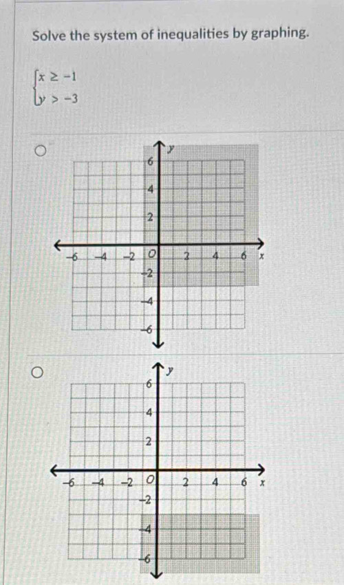 Solve the system of inequalities by graphing.
beginarrayl x≥ -1 y>-3endarray.