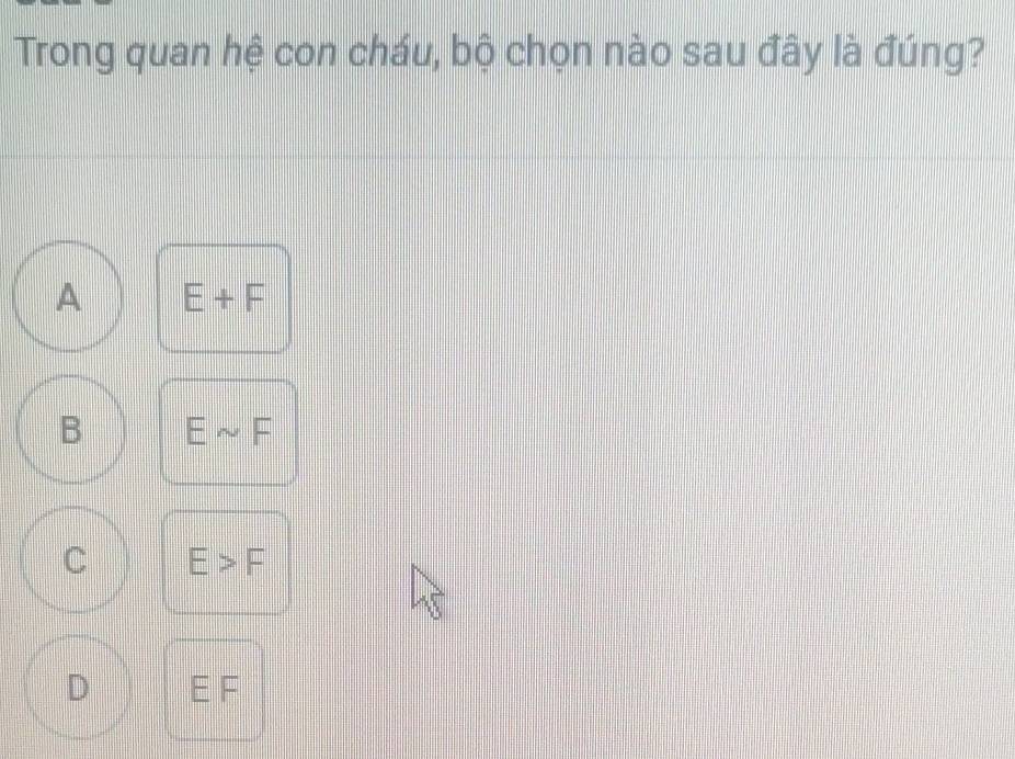 Trong quan hệ con cháu, bộ chọn nào sau đây là đúng?
A E+F
B Esim F
C E>F
D E F