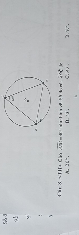 Số đ
C
Số
Si
1
Câu 8. Chowidehat ABC=40° như hình vẽ. Số đo của widehat AOC là:
A. 20°. B. 40°. C. 140°. D. 80°.
B