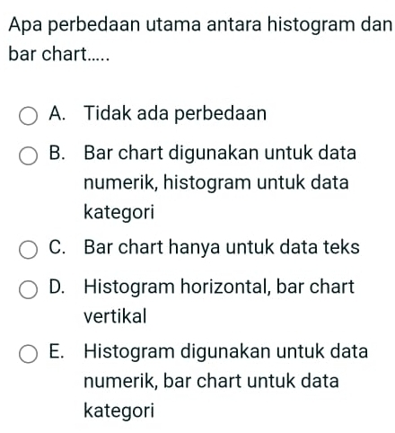 Apa perbedaan utama antara histogram dan
bar chart.....
A. Tidak ada perbedaan
B. Bar chart digunakan untuk data
numerik, histogram untuk data
kategori
C. Bar chart hanya untuk data teks
D. Histogram horizontal, bar chart
vertikal
E. Histogram digunakan untuk data
numerik, bar chart untuk data
kategori