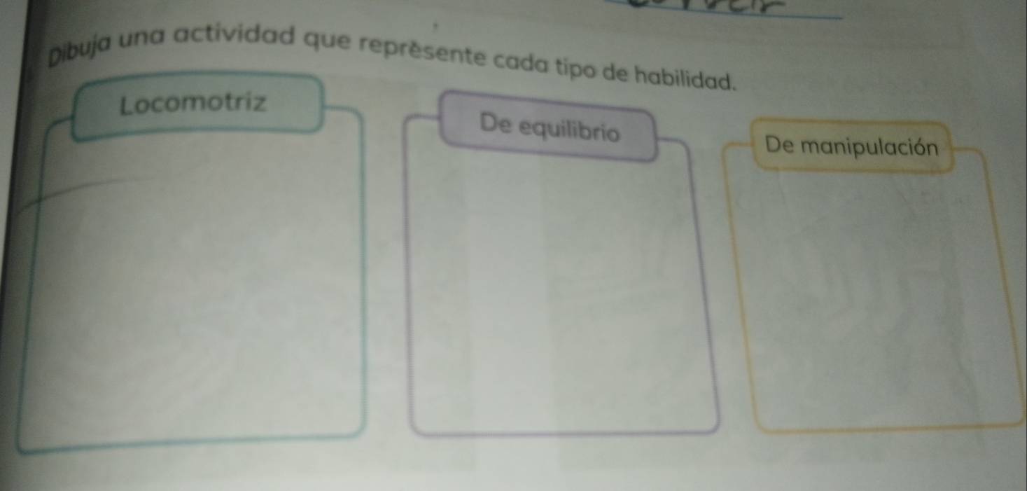 Dibuja una actividad que reprèsente cada tipo de habilidad.
Locomotriz
De equilibrio
De manipulación