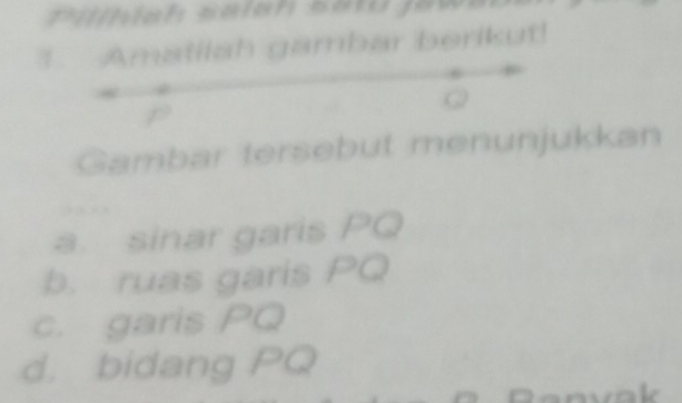 pllah salan sot jew 
1. Amatilah gambar berikut! 
Gambar tersebut menunjukkan 
a. sinar garis PQ
b. ruas garis PQ
c. garis PQ
d. bidang PQ