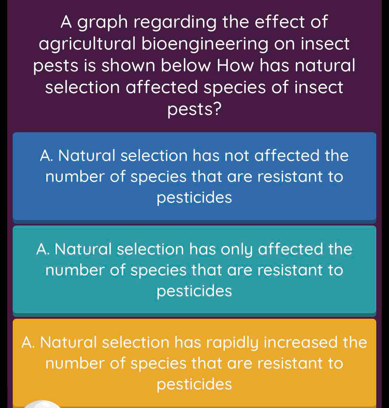 A graph regarding the effect of
agricultural bioengineering on insect
pests is shown below How has natural
selection affected species of insect
pests?
A. Natural selection has not affected the
number of species that are resistant to
pesticides
A. Natural selection has only affected the
number of species that are resistant to
pesticides
A. Natural selection has rapidly increased the
number of species that are resistant to
pesticides