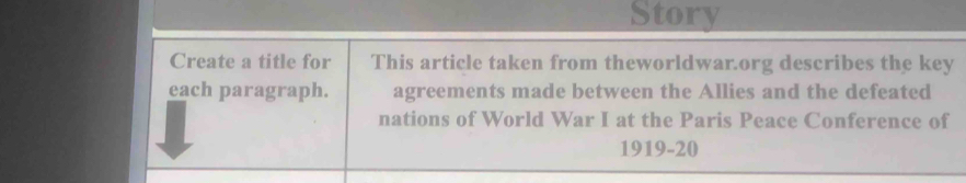 Story 
Create a title for This article taken from theworldwar.org describes the key 
each paragraph. agreements made between the Allies and the defeated 
nations of World War I at the Paris Peace Conference of 
1919-20