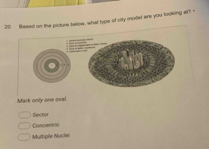 Based on the picture below, what type of city model are you looking at? *
Mark only one oval.
Sector
Concentric
Multiple Nuclei