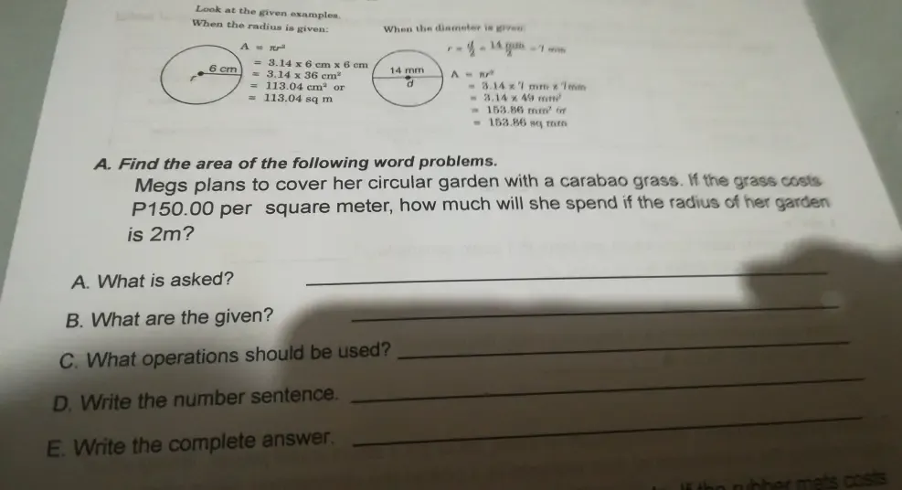 Solved: Look at the given examples When the radius is given: When the ...