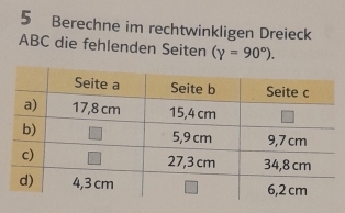 Berechne im rechtwinkligen Dreieck
ABC die fehlenden Seiten (gamma =90°).