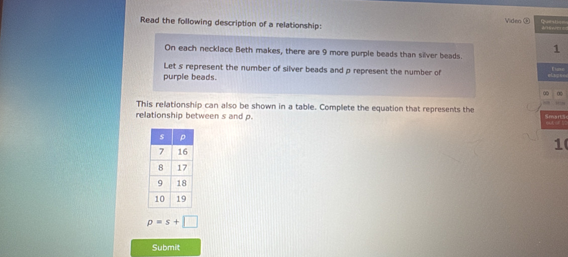 Video ⑥ Question 
Read the following description of a relationship: answerer 
1 
On each necklace Beth makes, there are 9 more purple beads than silver beads. 
Let s represent the number of silver beads and p represent the number of fime 
purple beads. 
elapse 
00 00 

This relationship can also be shown in a table. Complete the equation that represents the 
relationship between s and p. SmartS 
out or . 
1
p=s+□
Submit