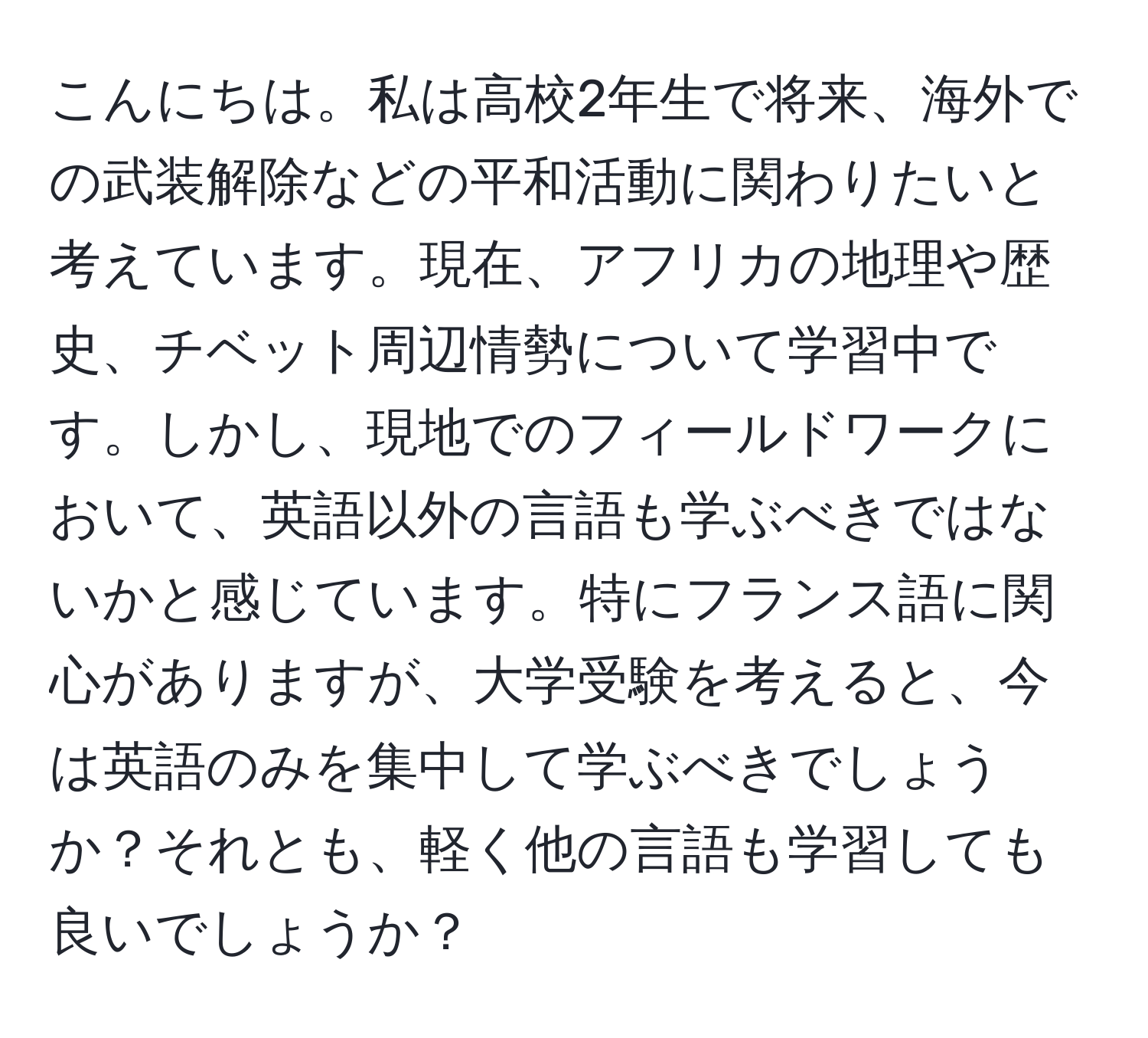 こんにちは。私は高校2年生で将来、海外での武装解除などの平和活動に関わりたいと考えています。現在、アフリカの地理や歴史、チベット周辺情勢について学習中です。しかし、現地でのフィールドワークにおいて、英語以外の言語も学ぶべきではないかと感じています。特にフランス語に関心がありますが、大学受験を考えると、今は英語のみを集中して学ぶべきでしょうか？それとも、軽く他の言語も学習しても良いでしょうか？